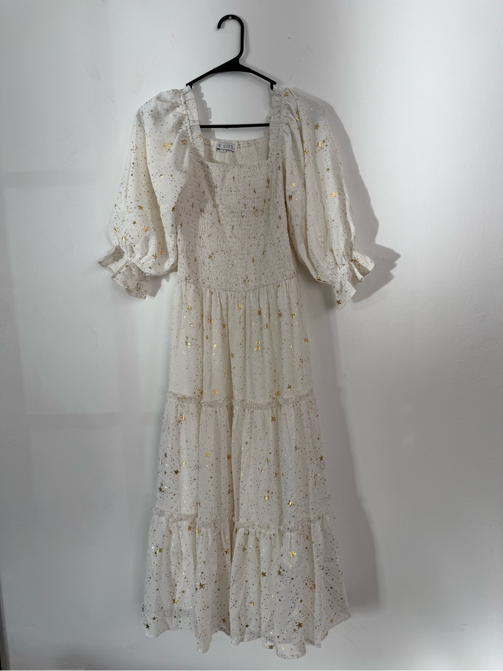 Ivy City Co Cream Maxi Dress with Gold Star Accents